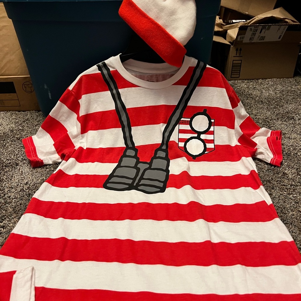 Where's Waldo t- shirt and red and white knit beanie hat with pompom costume